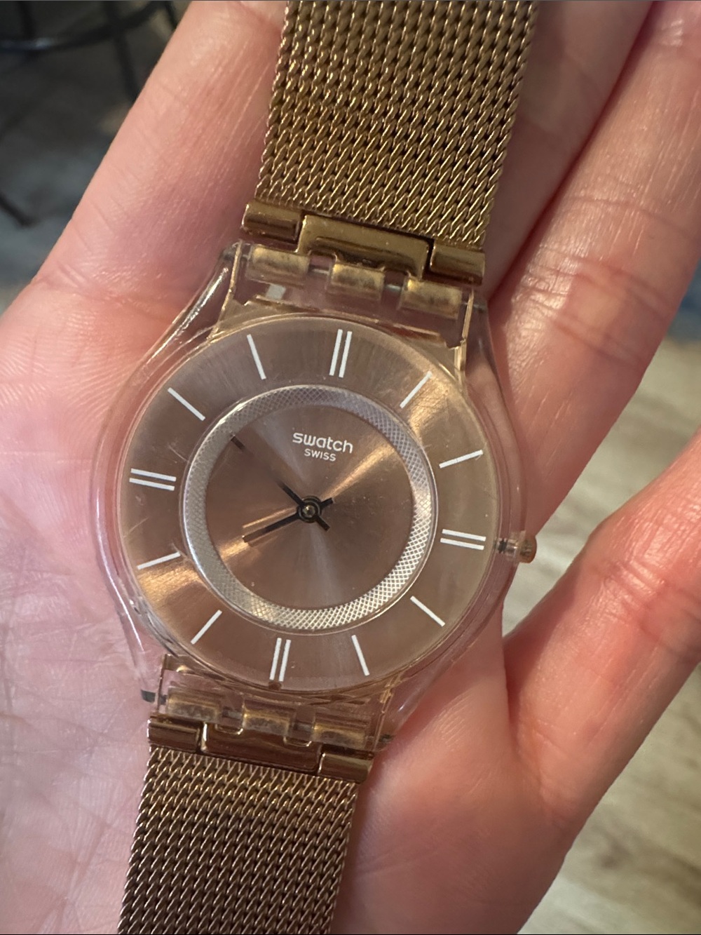 Swatch Rose Gold Mesh Strap Transparent Case Watch